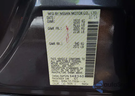 2015 Nissan Altima 2.5 Sl from USA, damaged, VIN 1N4AL3AP5FN348340